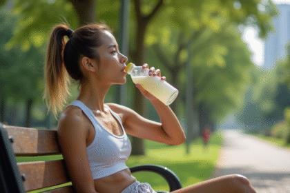 Jeune femme buvant de l'eau de coco dans un parc urbain