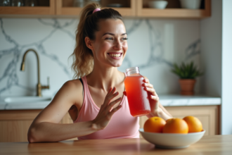 Jeune femme sportive sirotant une boisson fruitée à la maison