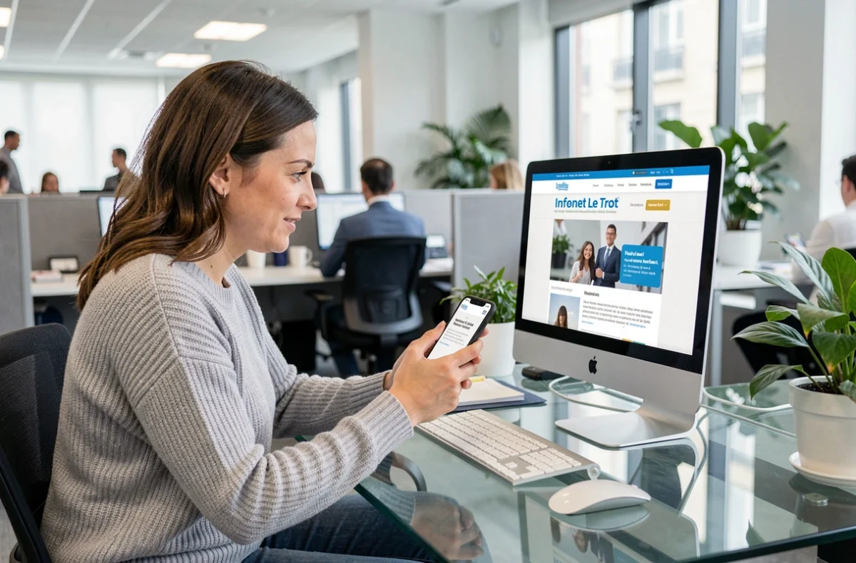 Femme en bureau moderne cherchant une solution à un problème de connexion sur le site Infonet Le Trot depuis son smartphone et son ordinateur