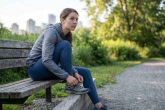 Jeune femme sportive attache ses chaussures de course en plein air