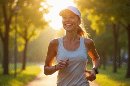 Femme souriante courant dans un parc ensoleille