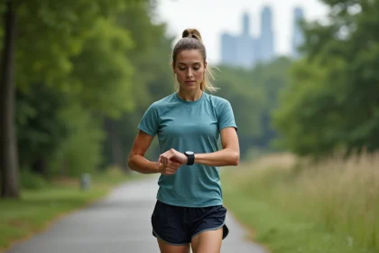 Jeune femme sportive vérifiant sa montre connectée en courant