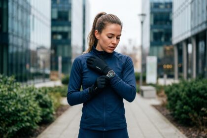 Jeune femme en course dans la ville avec montre connectee