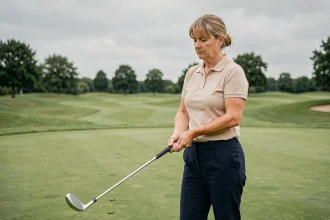Femme adulte apprenant à tenir un club de golf sur un fairway verdoyant, illustrant la peur du regard des autres lors d'une initiation au golf