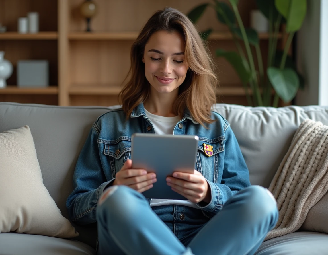 Femme débutante découvrant l'actualité et l'histoire du FC Barcelone sur une tablette chez elle