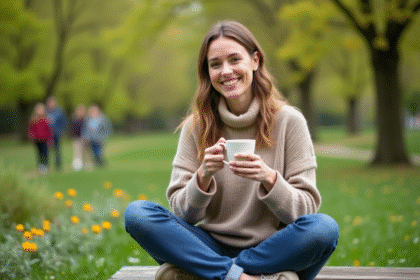 Femme souriante buvant une tisane dans un parc verdoyant