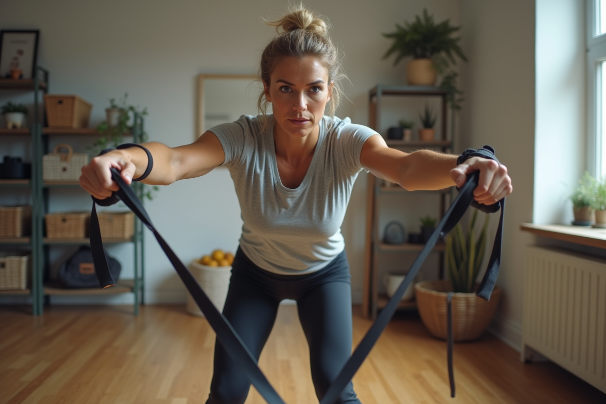 Femme en entraînement avec bande de résistance dans un gym maison