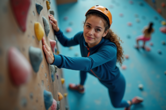 Jeune femme en tenue de sport à l'escalade en salle