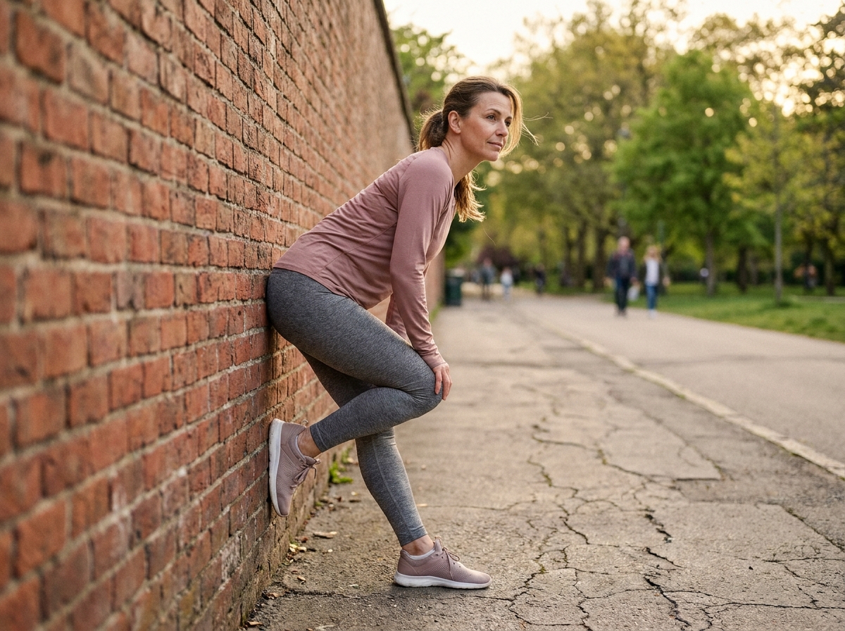 Femme effectuant un étirement du tendon d'Achille contre un mur en briques dans un parc urbain