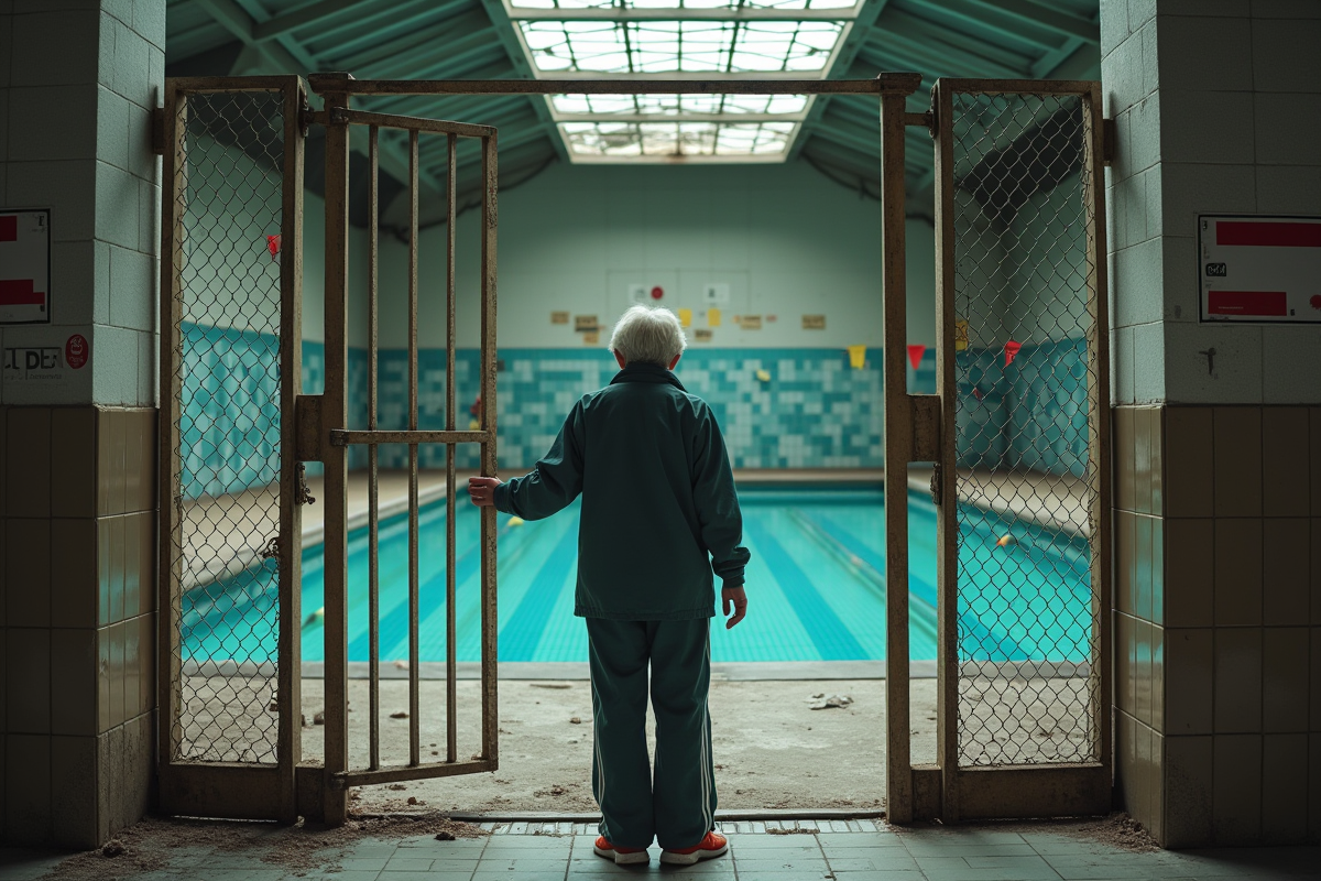 Femme regardant dans une piscine abandonnée