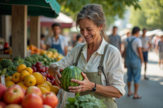 Femme souriante choisissant un melon au marché bio