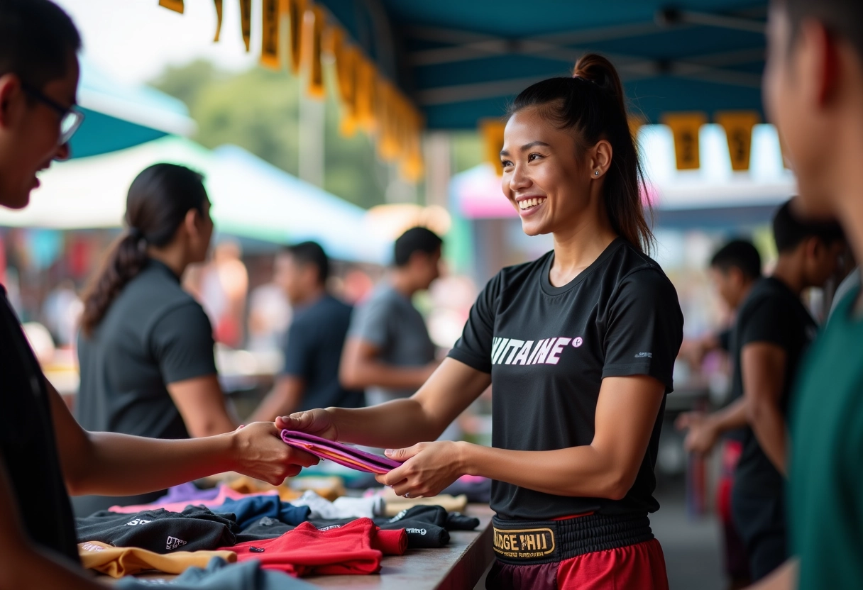 Femme Muay Thai souriante distribuant des goodies lors d un marché