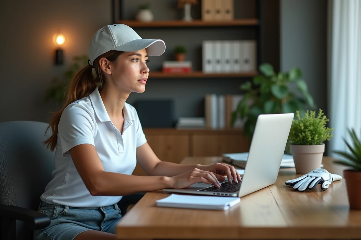 Jeune femme en tenue sportive travaillant sur un ordinateur golf