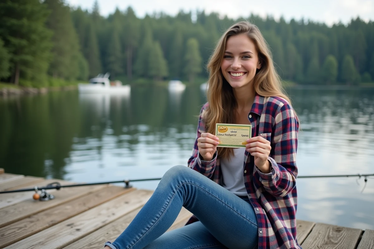 Jeune femme souriante avec sa carte de pêche au bord du lac