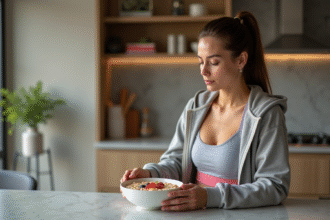 Femme en tenue de sport prépare un bol de porridge dans une cuisine moderne
