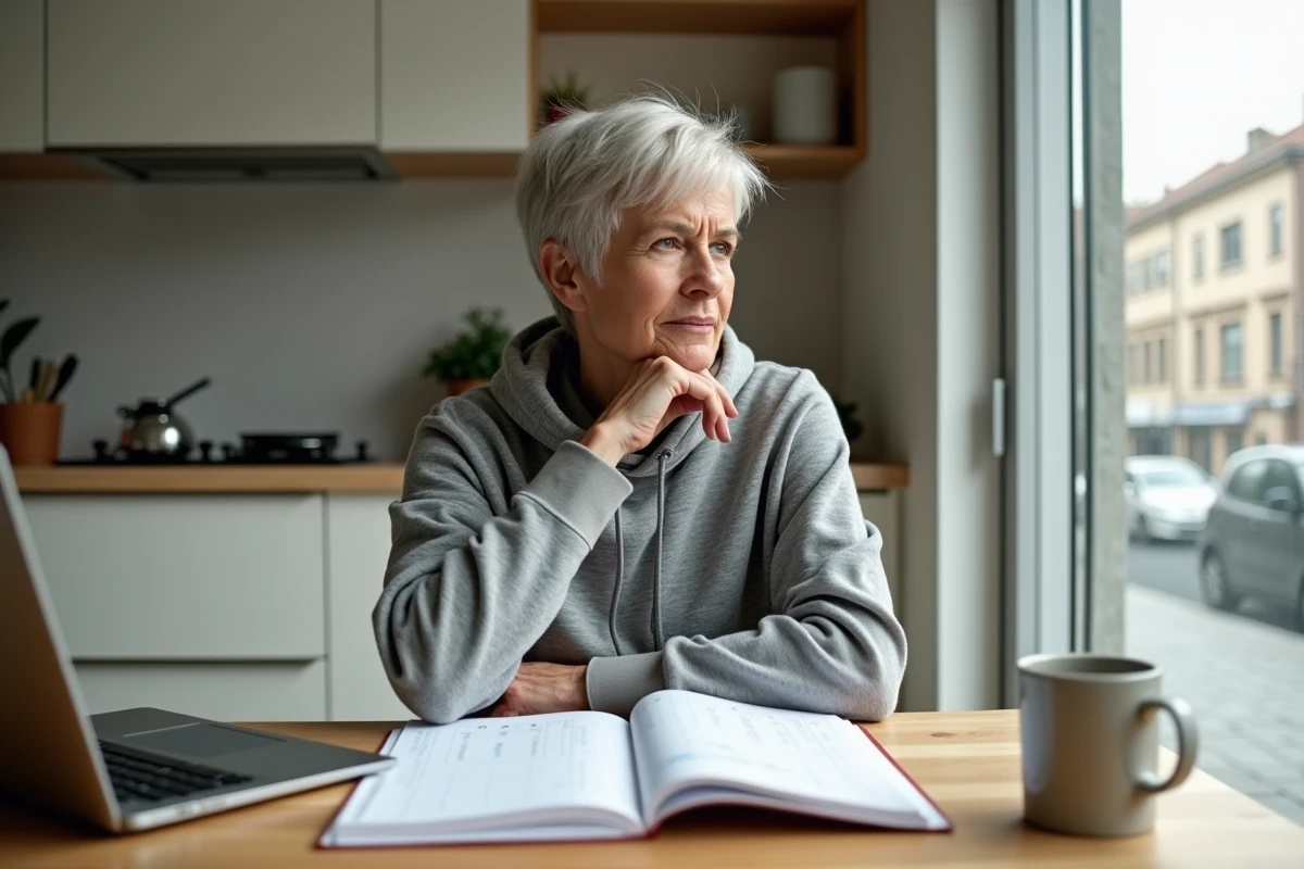 Femme assise à la table de cuisine planifiant sa course à pied