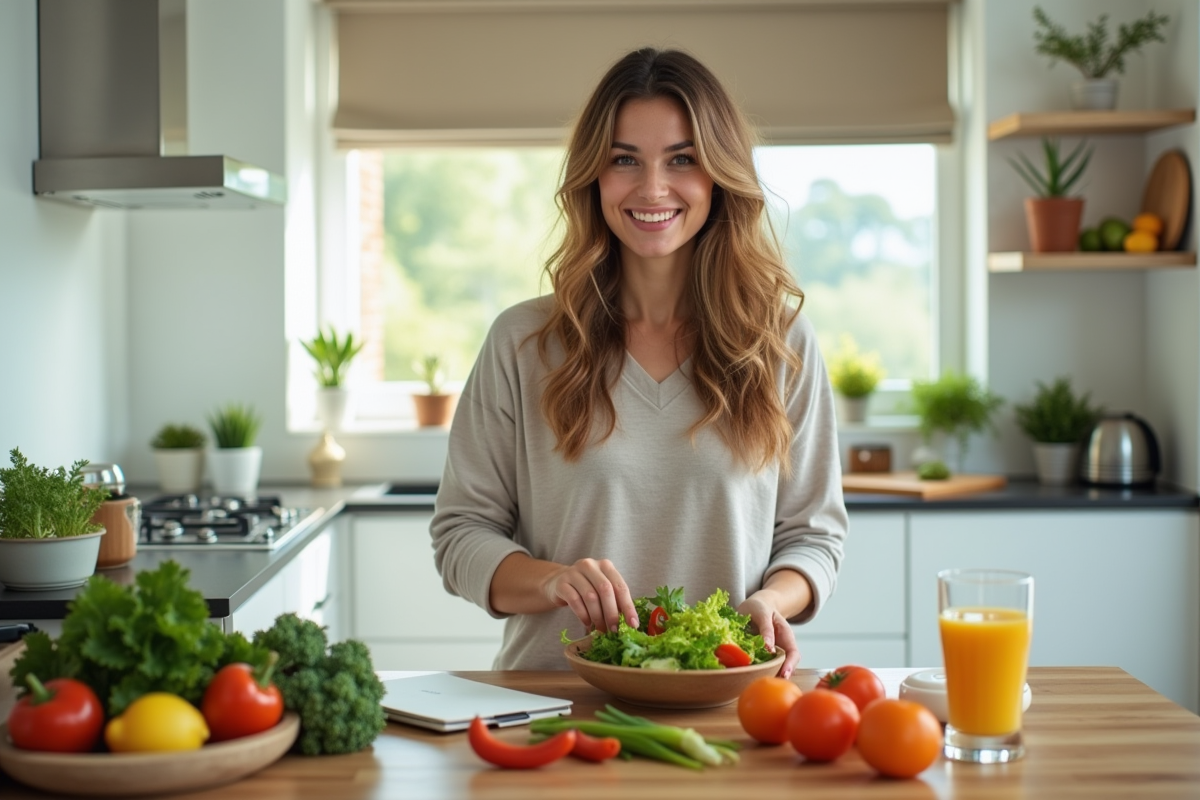 Femme souriante préparant une salade saine dans une cuisine lumineuse