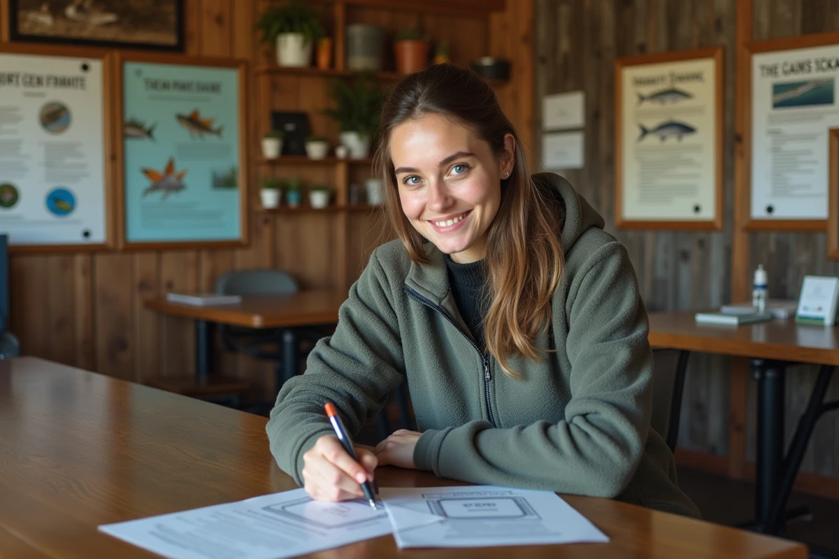 Jeune femme remplissant un formulaire de permis de pêche à l