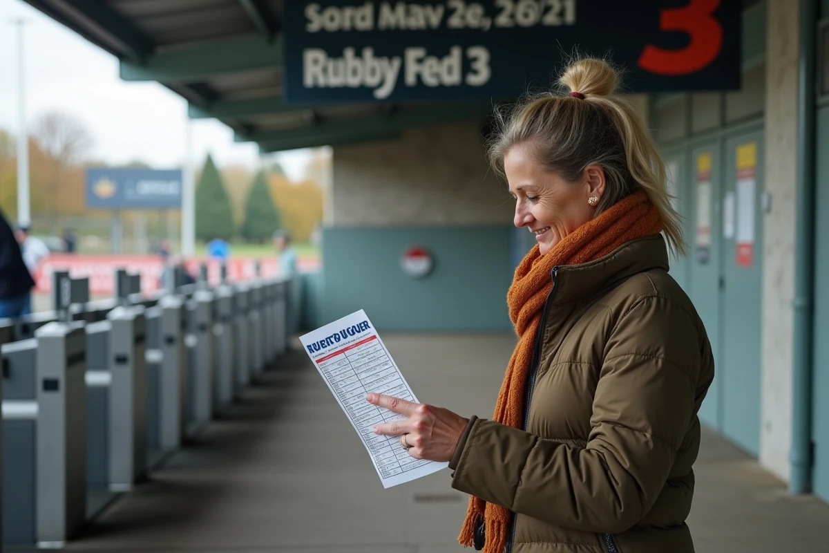 Femme fan de rugby regardant le calendrier devant le stade