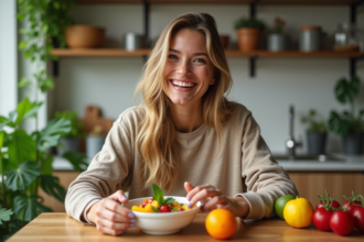 Femme souriante dégustant une salade de fruits dans une cuisine moderne