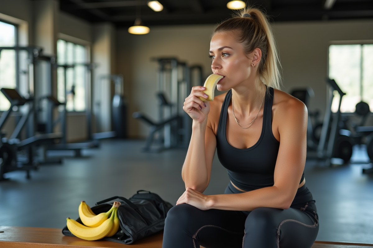 Femme sportive mangeant une banane dans une salle de sport