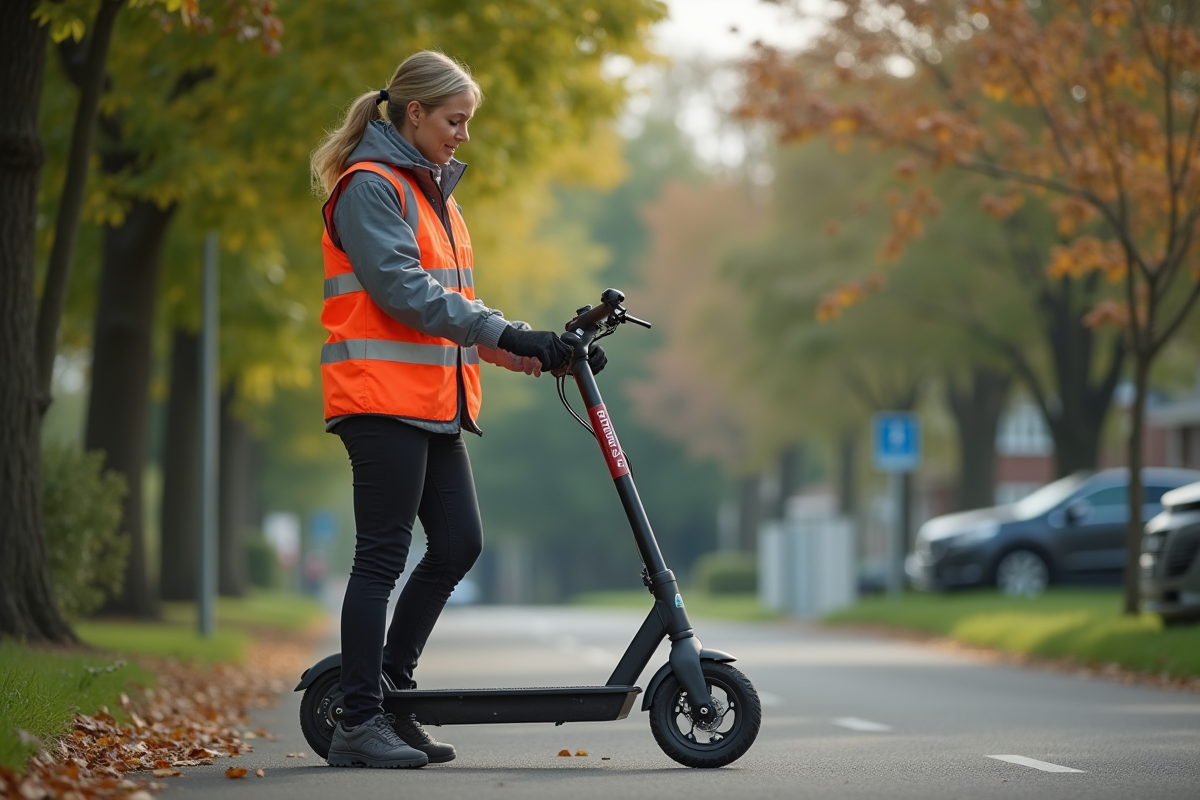 Femme en gilet réfléchissant attachant une sangle de sécurité à un scooter électrique dans un quartier résidentiel