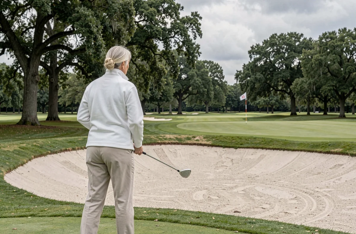 Femme senior exécutant un flop shot au-dessus d'un bunker sur un parcours de golf en plein air, posture ouverte et wedge face ouvert