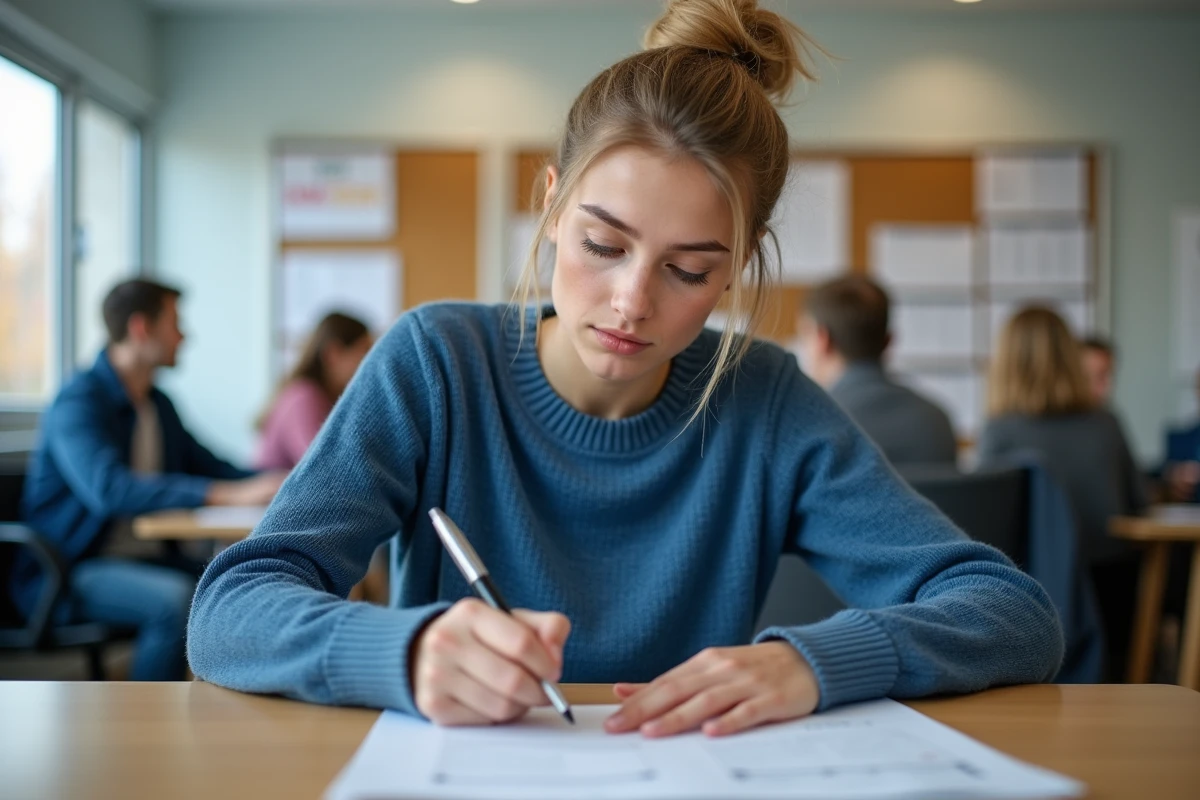 Jeune femme signant un formulaire dans un bureau municipal