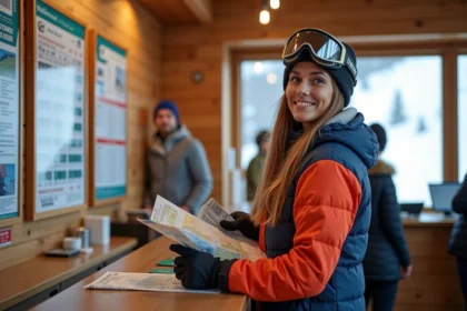 Femme souriante en ski à Les Deux Alpes avec carte et pass