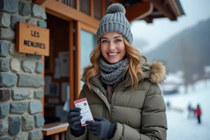 Femme souriante avec ski pass Les Meniures en hiver
