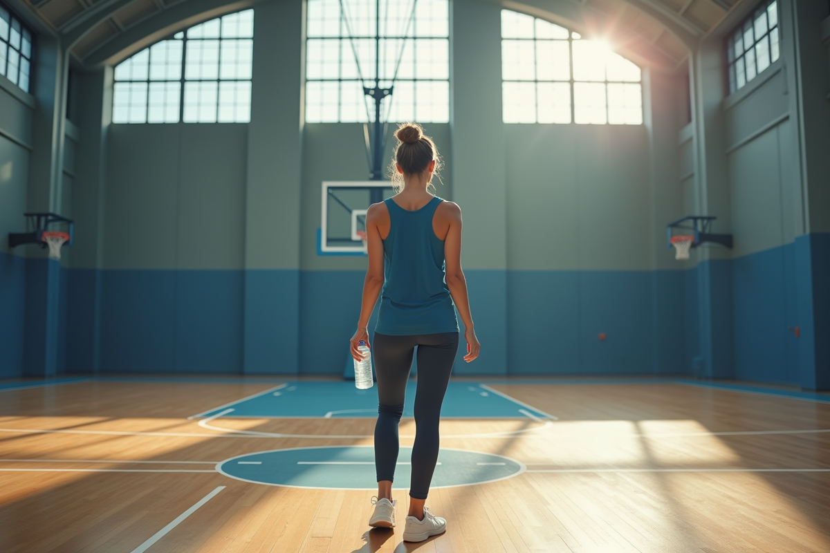 Femme seule sur un terrain de basketball intérieur vide
