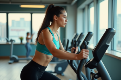 Femme sportive en turquoise utilisant un elliptique en salle