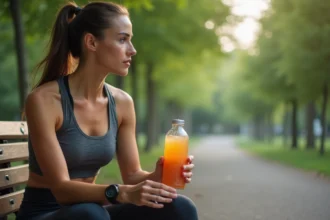 Jeune femme en jogging dans un parc urbain avec boisson hydratante