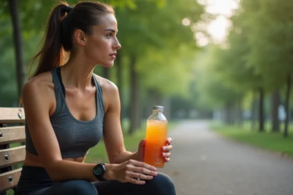 Jeune femme en jogging dans un parc urbain avec boisson hydratante