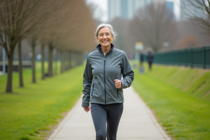 Femme sportive souriante dans un parc urbain en pleine marche