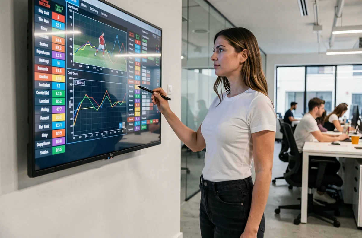 Femme présentant des statistiques de football sur un grand écran dans un bureau sportif moderne