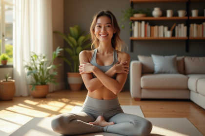 Femme souriante faisant du yoga dans un salon lumineux