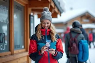 Jeune femme souriante en ski à Tignes examinant un pin ski