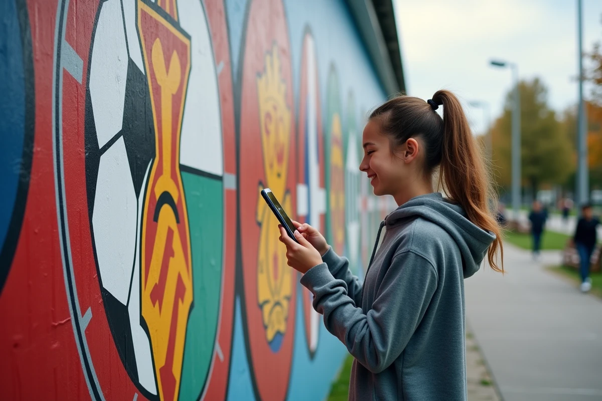 Fille adolescente prenant en photo un mur de stade avec logos football