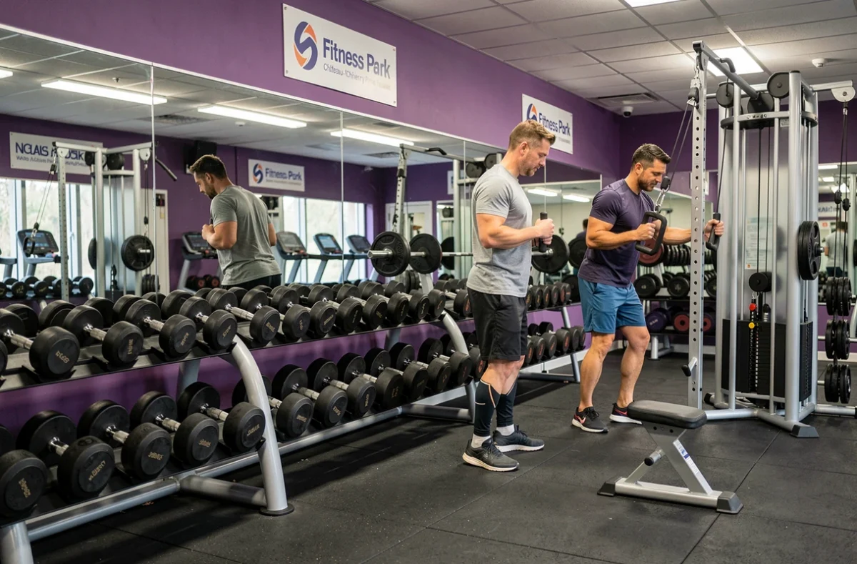 Zone de musculation de la salle Fitness Park de Château-Thierry avec haltères et machines câbles
