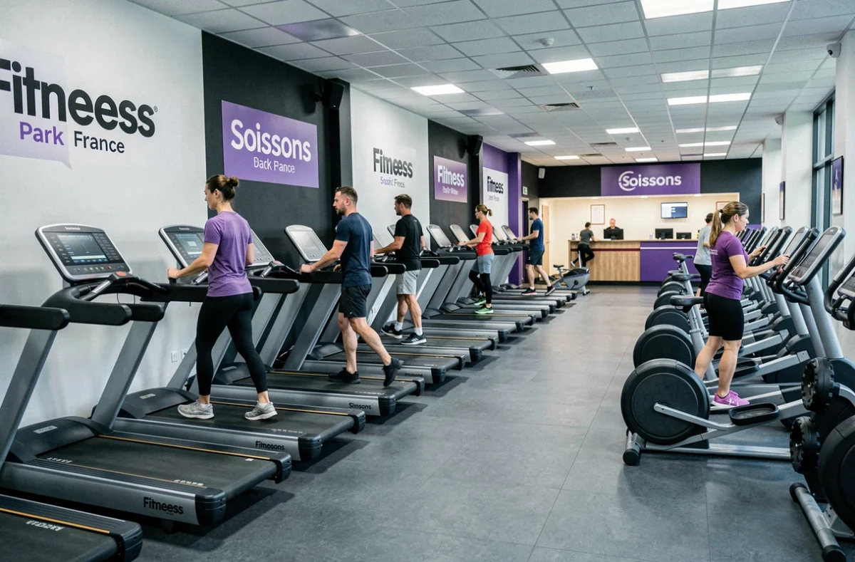 Intérieur de la salle Fitness Park de Soissons avec équipements cardio et machines de musculation sous l'enseigne violette