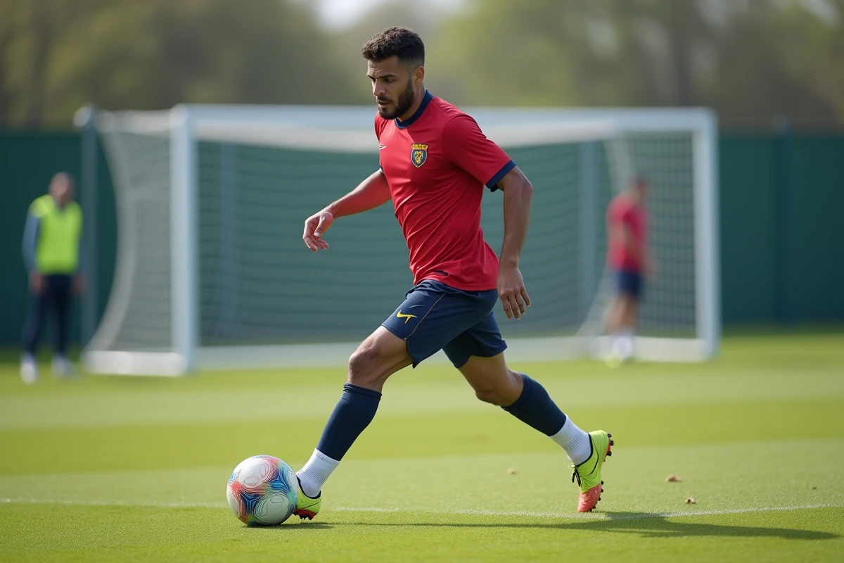 Footballeur expérimenté dribblant lors d'une séance d'entraînement sur un terrain extérieur, capturant la technique et l'agilité d'un joueur professionnel en fin de carrière