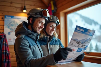 Couple en tenue de ski consultant un brochure de forfait saison aux Menuires au guichet d'une station alpine