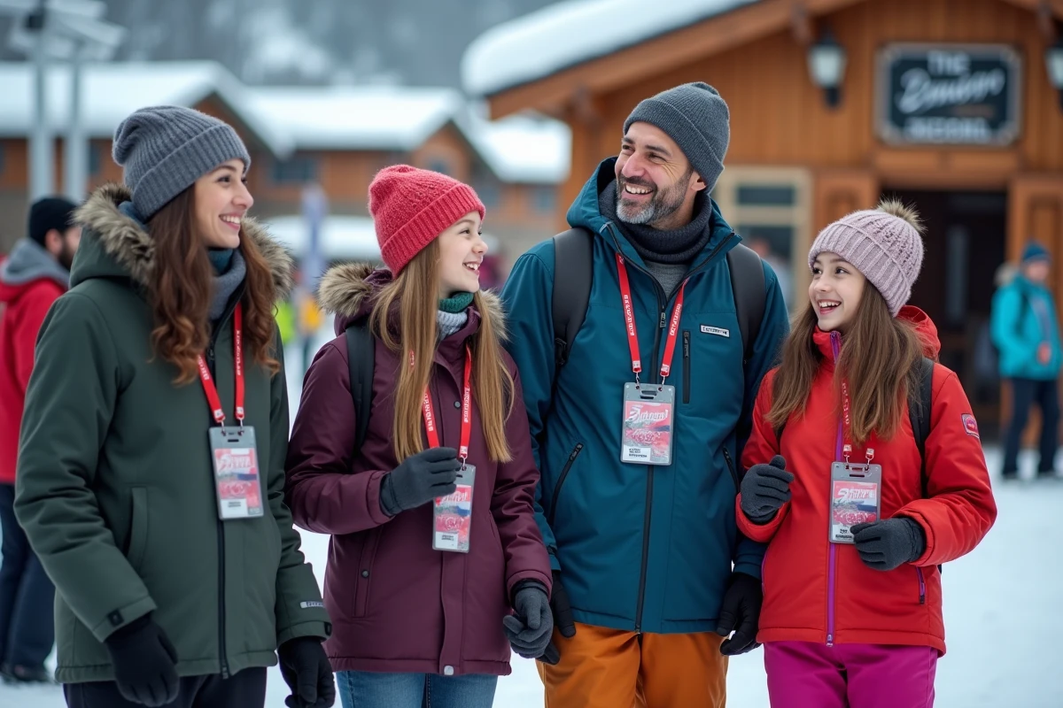 Famille avec forfaits saison aux Menuires dans la file d'attente d'une remontée mécanique en station de ski