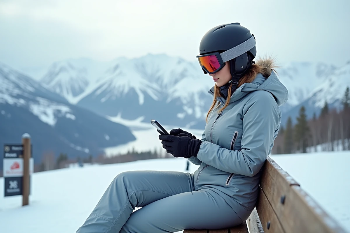 Skieuse consultant l'application de forfait saison aux Menuires sur son smartphone au sommet d'une piste enneigée