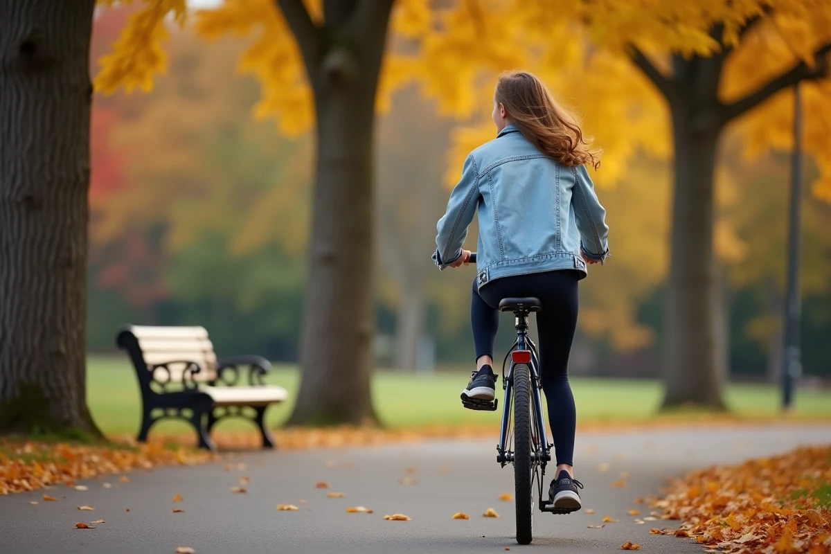 Jeune cycliste féminine utilisant le frein à contre-pédalage sur un chemin de parc en automne