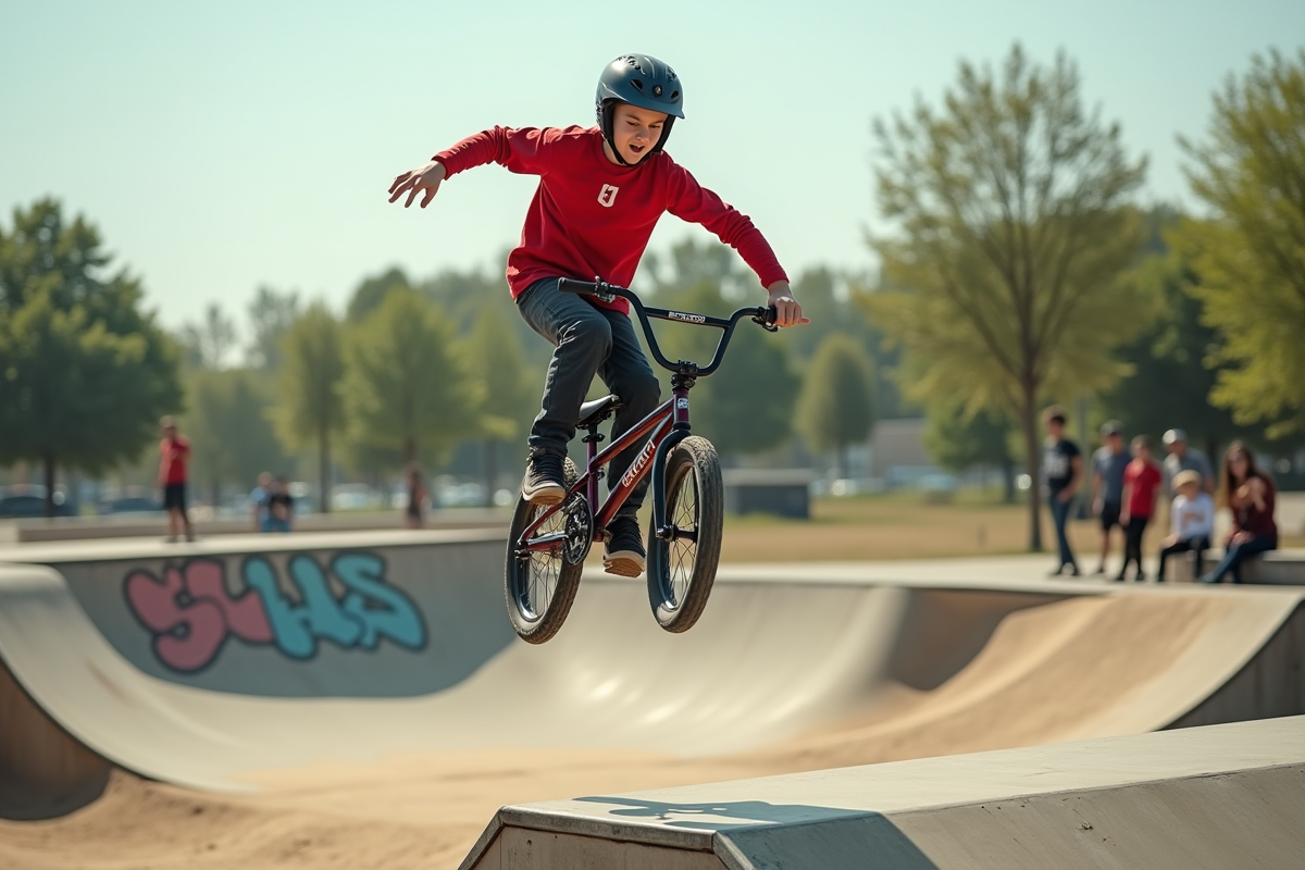 Adolescent en BMX sautant dans un skatepark extérieur