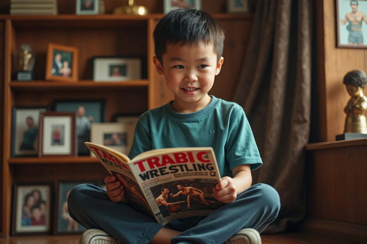 Jeune garçon samoan-americain avec magazine de lutte
