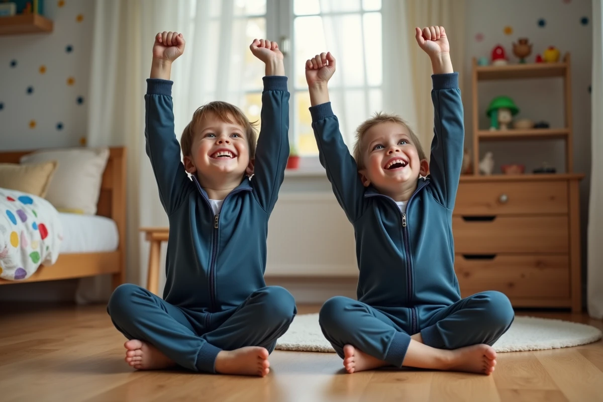Garçon de trois ans jouant avec sa mère sur le sol en bois