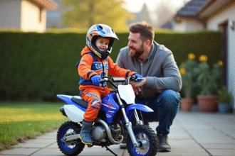 Garçon souriant avec moto Yamaha Piwi 50 en extérieur